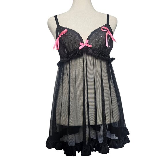 Victoria's Secret Other - Victoria's Secret Sexy Little Things Babydoll SZ Large Black Sheer Rhinestones